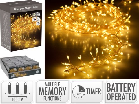 LAMPKI CLUSTER NA SREBRNYM DRUCIKU 100 LED CIEPŁA BIAŁA