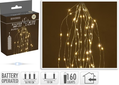 LAMPKI KASKADOWE NA SREBRNYM DRUCIKU 160 LED CIEPŁA BIAŁA BATERYJNE